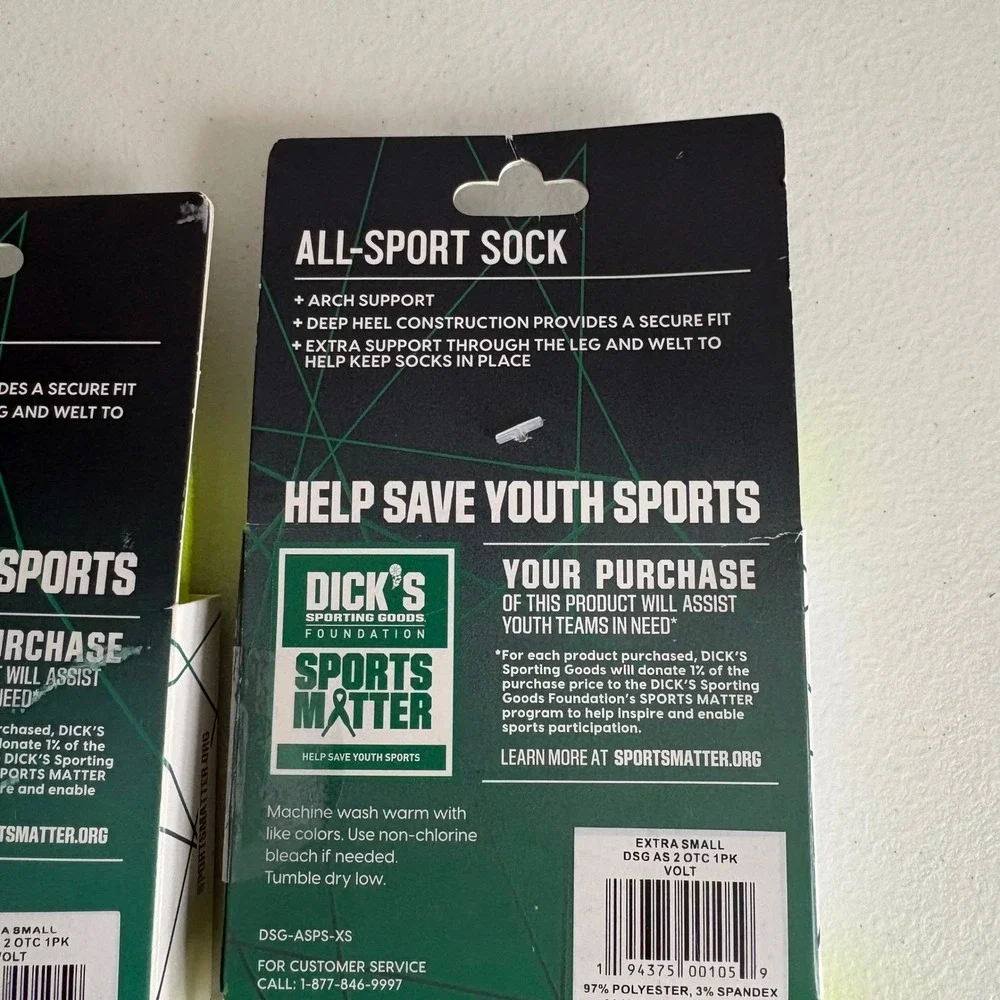 DSG All-Sport Socks Youth XS Neon Yellow Volt Arch‎ Support 2 Pairs NWT